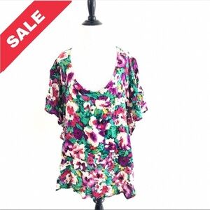 Pure Energy | Tie dye Pullover Top Size 2 Purple Floral Bell Sleeves Scoop Neck